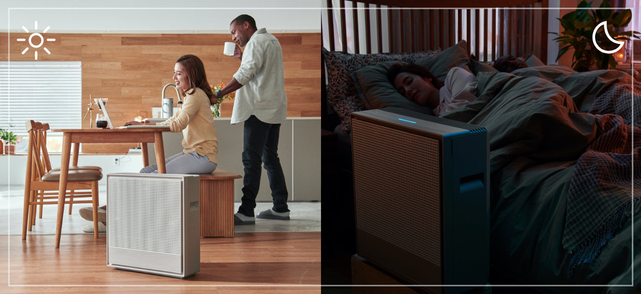 split image of a couple using air purifier during the day and at night