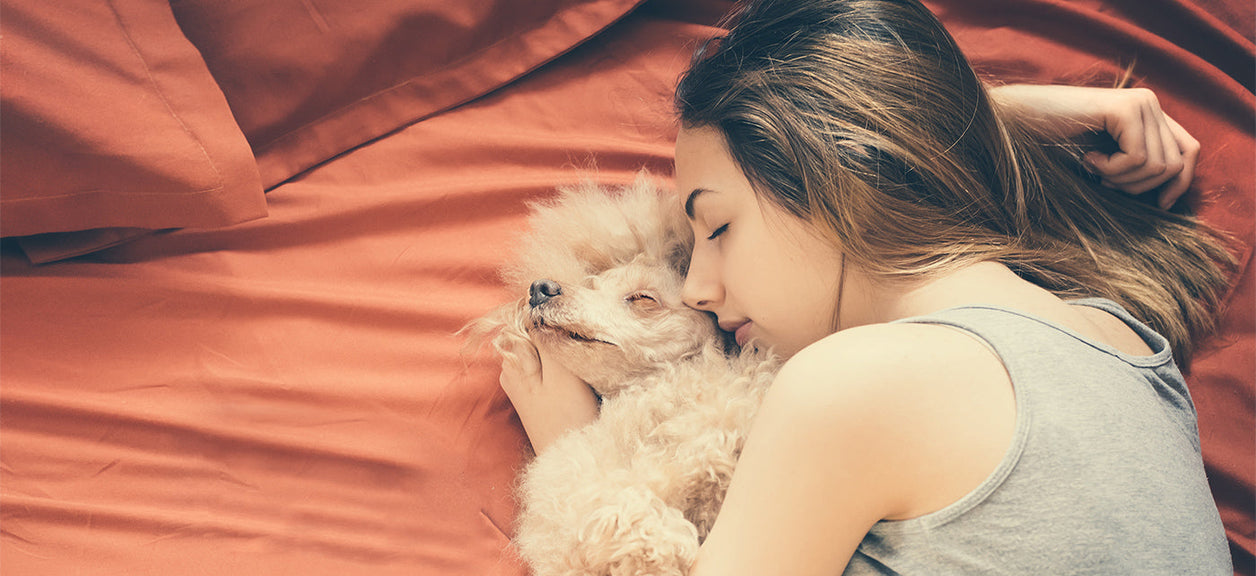 woman sleeping on bed with dog