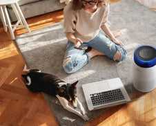 A woman and her dog in an apartment.